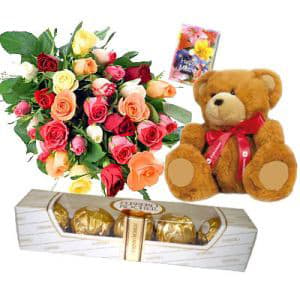 Mixed Roses with Ferrero Rocher Chocolates n Teddy
